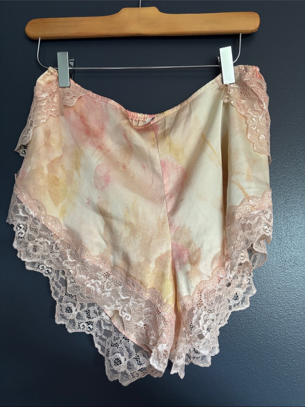 Free People Watercolor Satin Lace-Trim Sleep Shorts in Blush & Cream